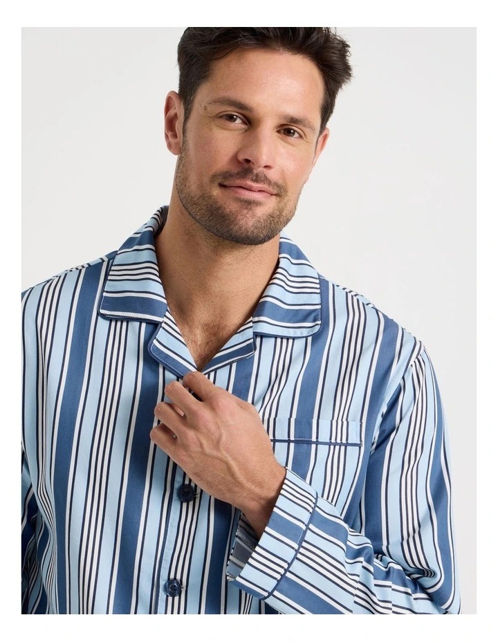 Long Sleeve Cotton Sateen Pyjama Set in Blue Stripe image 2