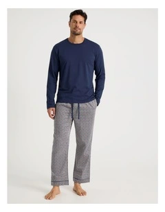Long Sleeve Tee and Sateen Pant Pyjama Set in Navy & Modern Tile Print