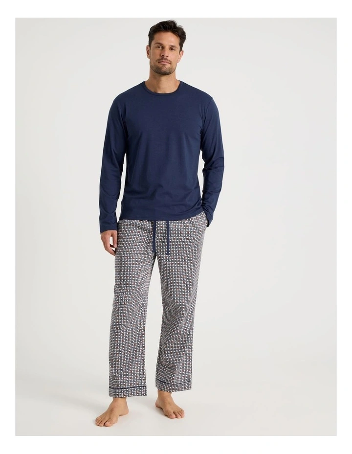 Long Sleeve Tee and Sateen Pant Pyjama Set in Navy & Modern Tile Print image 1