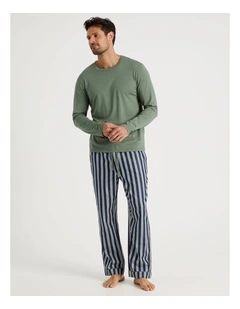 Long Sleeve Tee and Sateen Pant Pyjama Set in Green Stripe