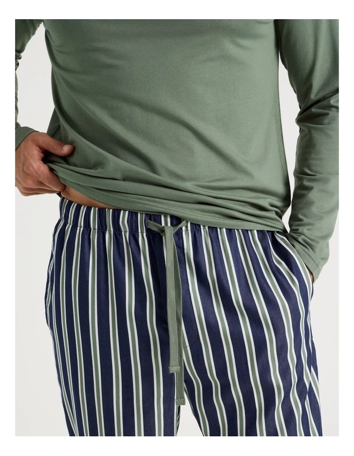 Long Sleeve Tee and Sateen Pant Pyjama Set in Green Stripe image 3