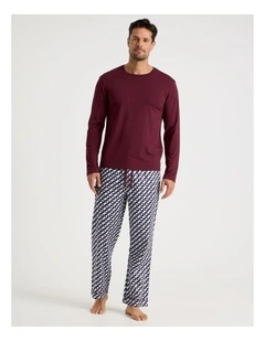 Long Sleeve Tee and Sateen Pant Pyjama Set in Burgundy Cubist Print