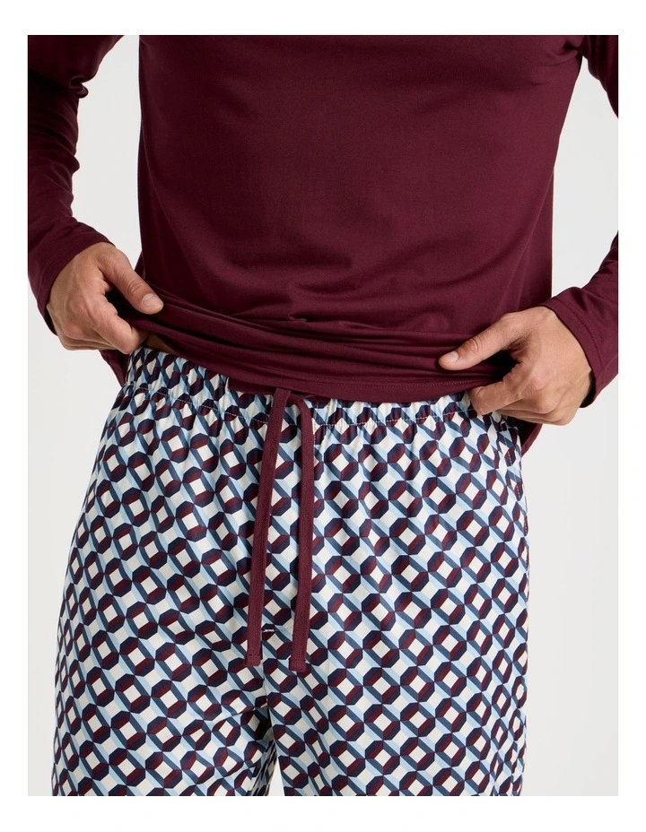 Long Sleeve Tee and Sateen Pant Pyjama Set in Burgundy Cubist Print image 3