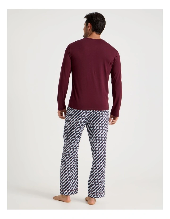 Long Sleeve Tee and Sateen Pant Pyjama Set in Burgundy Cubist Print image 4