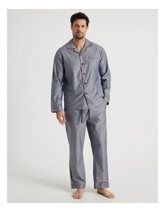 Long Sleeve Traditional Herringbone Pyjama Set in Navy Twist