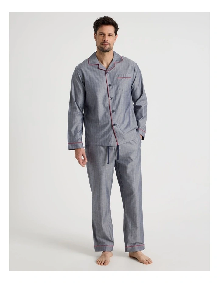 Long Sleeve Traditional Herringbone Pyjama Set in Navy Twist image 1