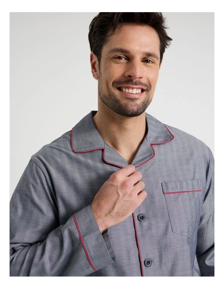 Long Sleeve Traditional Herringbone Pyjama Set in Navy Twist image 2