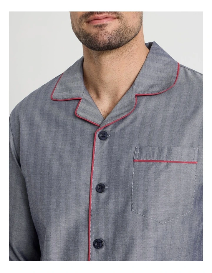 Long Sleeve Traditional Herringbone Pyjama Set in Navy Twist image 3