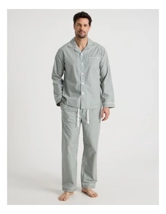 Long Sleeve Traditional Poplin Pyjama Set in Classic Sage Stripe
