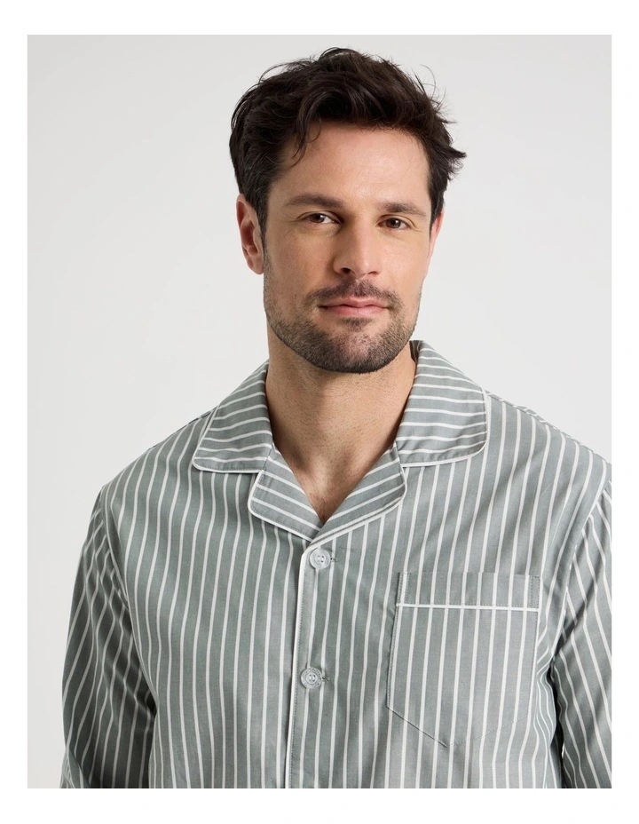 Long Sleeve Traditional Poplin Pyjama Set in Classic Sage Stripe image 2