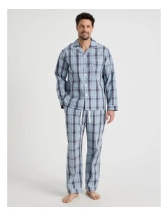 Long Sleeve Traditional Poplin Pyjama Set in Classic Blue Check