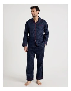 Long Sleeve Traditional Sateen Pyjama Set in Navy Diamond Print