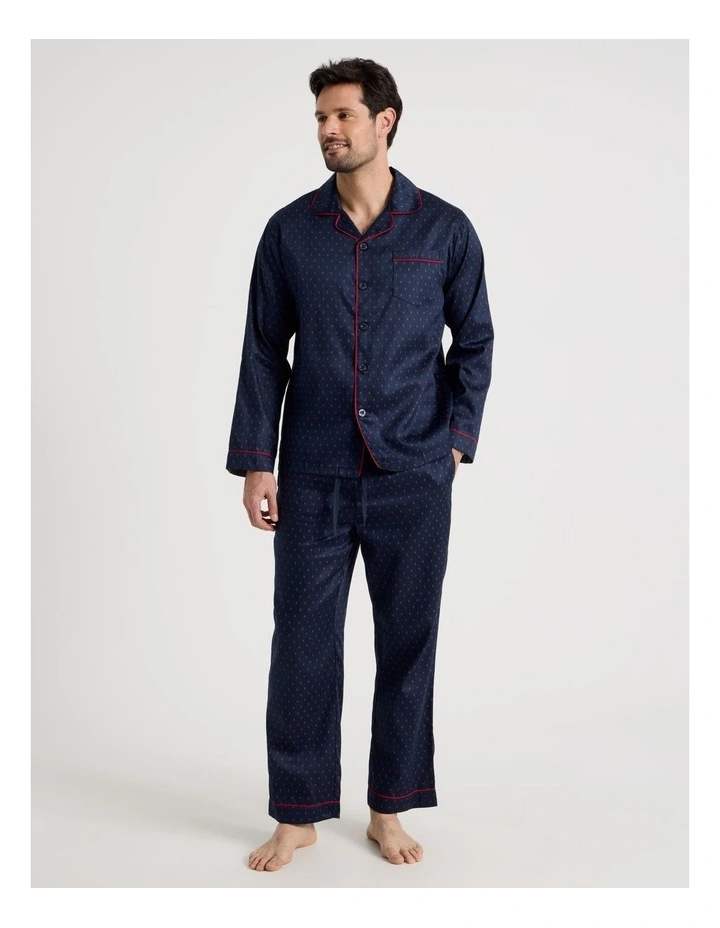 Long Sleeve Traditional Sateen Pyjama Set in Navy Diamond Print image 1