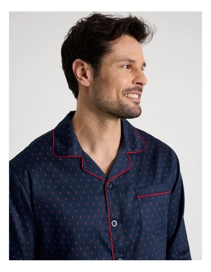 Long Sleeve Traditional Sateen Pyjama Set in Navy Diamond Print image 2
