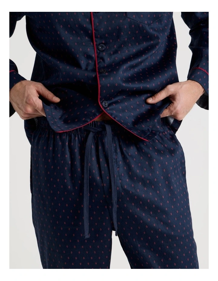 Long Sleeve Traditional Sateen Pyjama Set in Navy Diamond Print image 3