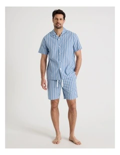 Short Sleeve Traditional Poplin Pyjama Set in Light Blue British Stripe