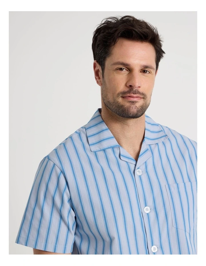 Short Sleeve Traditional Poplin Pyjama Set in Light Blue British Stripe image 2