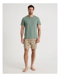 Tee and Short Pyjama Set in Khaki Reel Tired Print