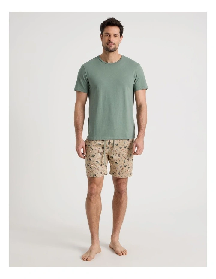 Tee and Short Pyjama Set in Khaki Reel Tired Print image 1