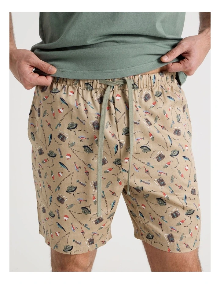 Tee and Short Pyjama Set in Khaki Reel Tired Print image 3