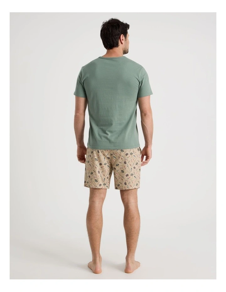 Tee and Short Pyjama Set in Khaki Reel Tired Print image 5