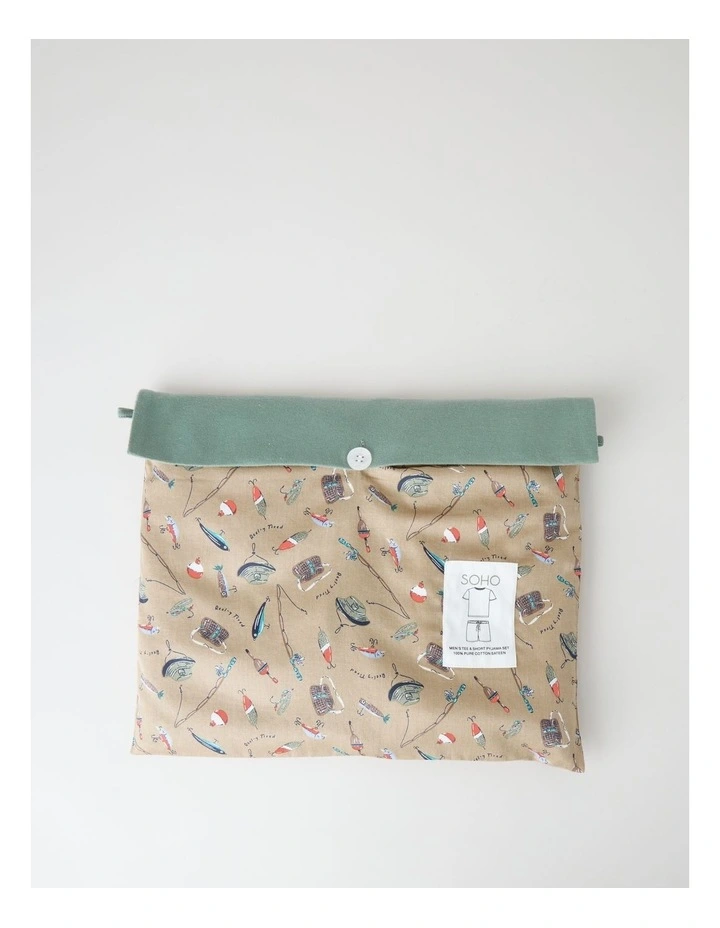 Tee and Short Pyjama Set in Khaki Reel Tired Print image 6