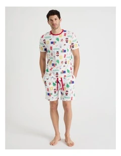 Short Sleeve Men's Family Pyjama Set in Christmas Stickers with Gift Bag