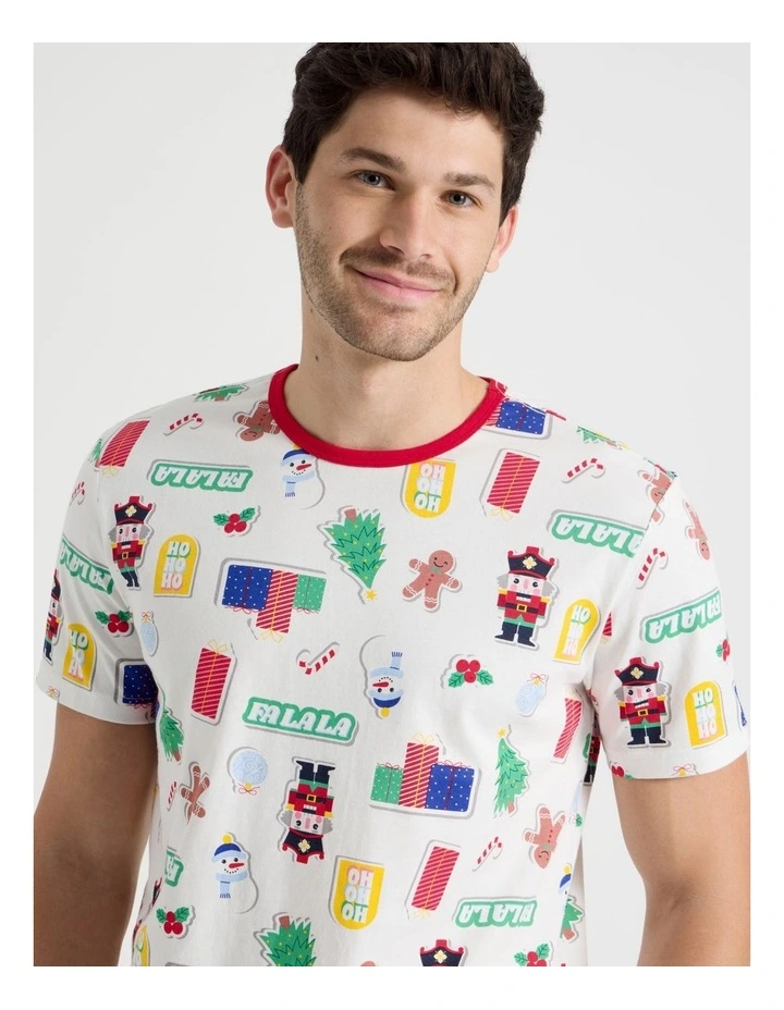 Short Sleeve Men's Family Pyjama Set in Christmas Stickers with Gift Bag image 2