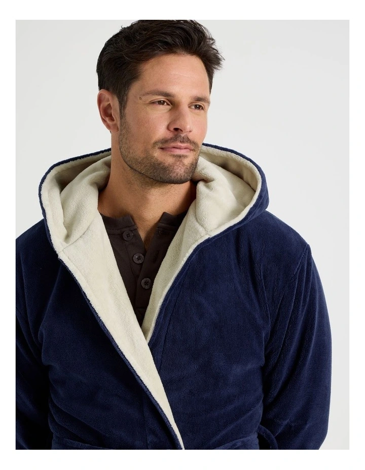 Plain Hooded Robe in Navy image 3