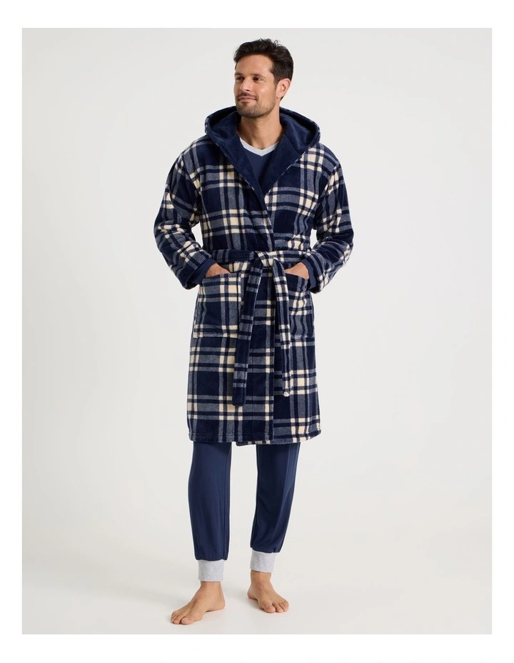 Hooded Robe in Navy Check image 2