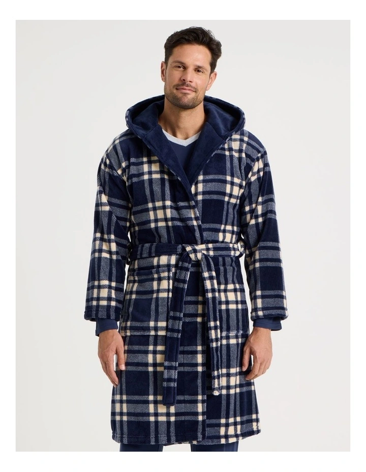 Hooded Robe in Navy Check image 4