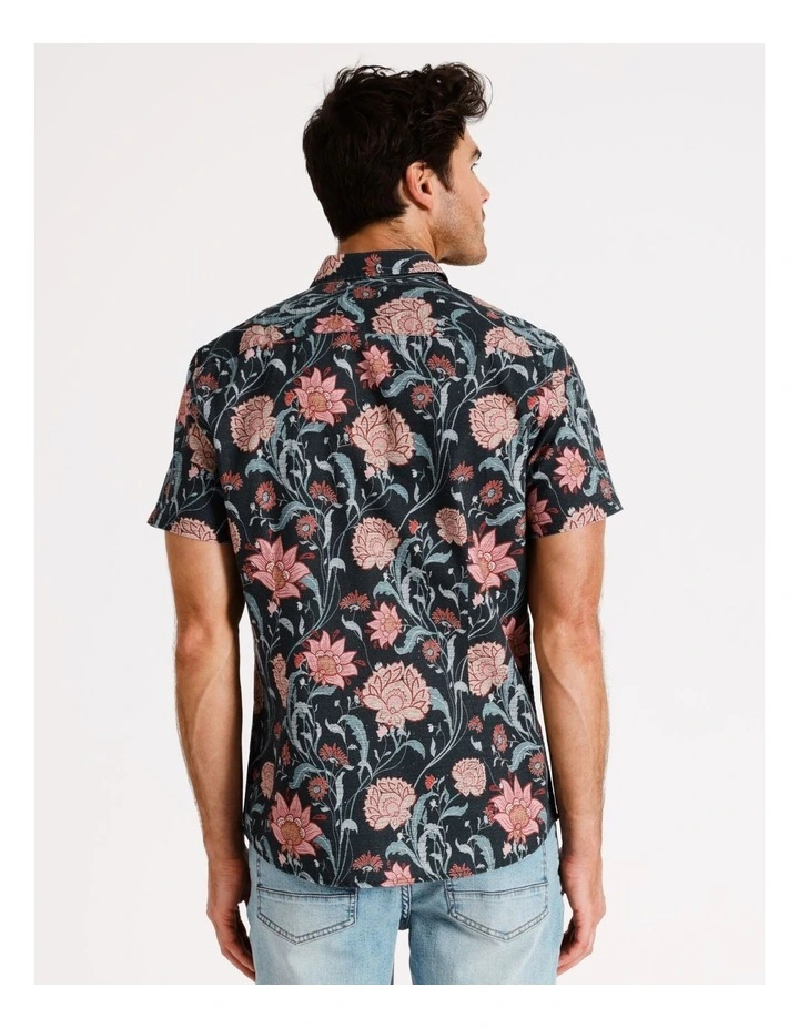 Ayr Floral Print Linen Blend Short Sleeve Shirt in Black image 5