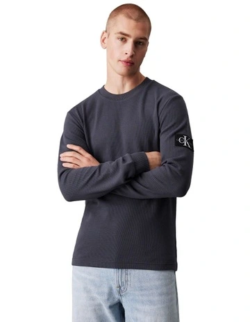Badge Waffle Long Sleeve Tee in Ebony