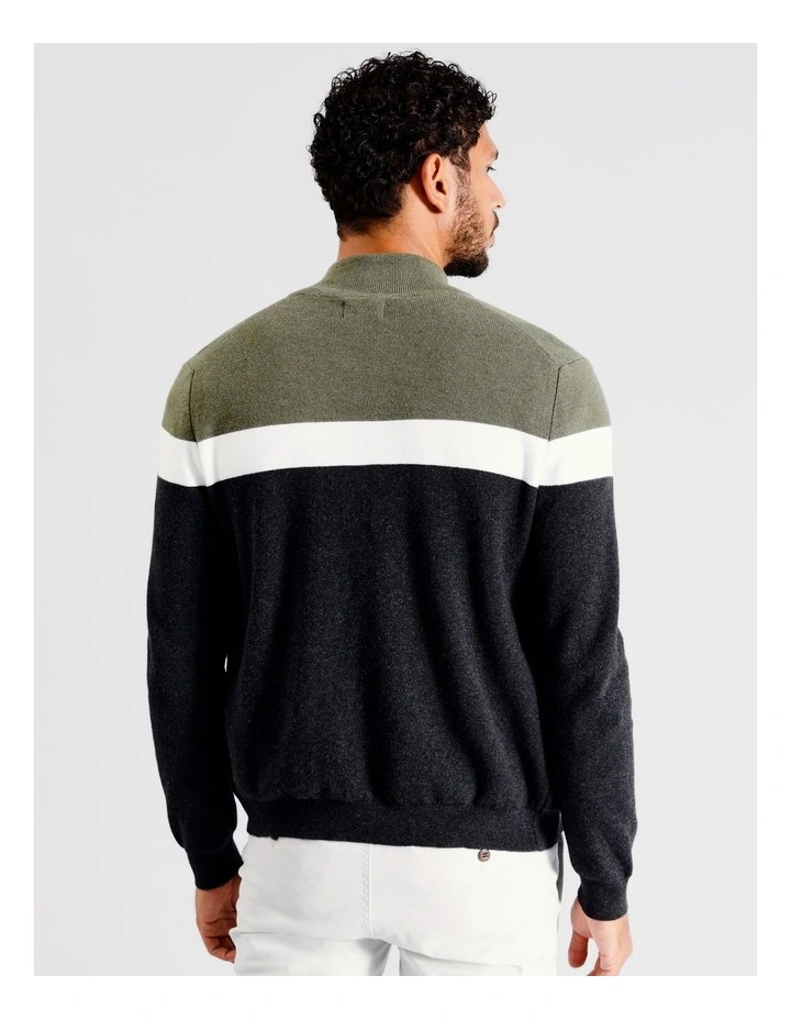 Simon Block Stripe Knit Zip Through in Khaki image 6