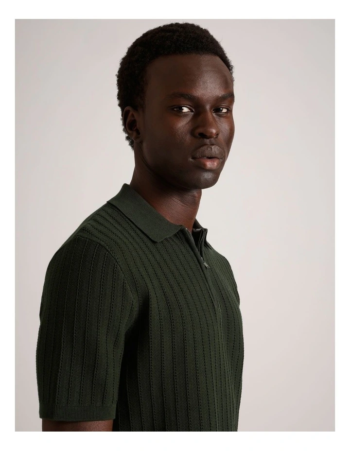 Dalton Textured Zipper Polo in Khaki image 4