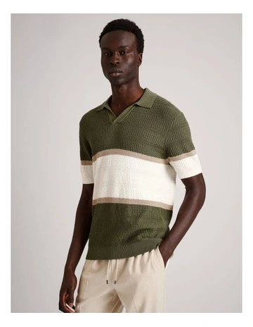 Alex Engineered Stripe Knit Polo in Khaki