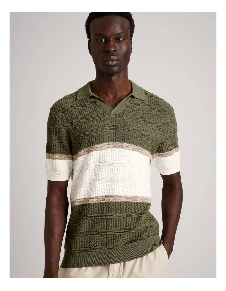 Alex Engineered Stripe Knit Polo in Khaki image 3