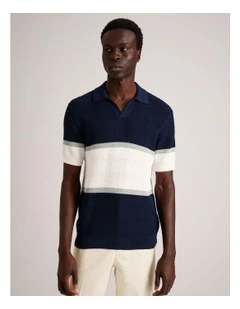 Alex Engineered Stripe Knit Polo in Navy