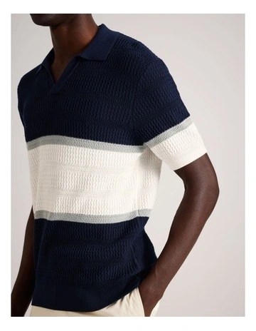 Alex Engineered Stripe Knit Polo in Navy