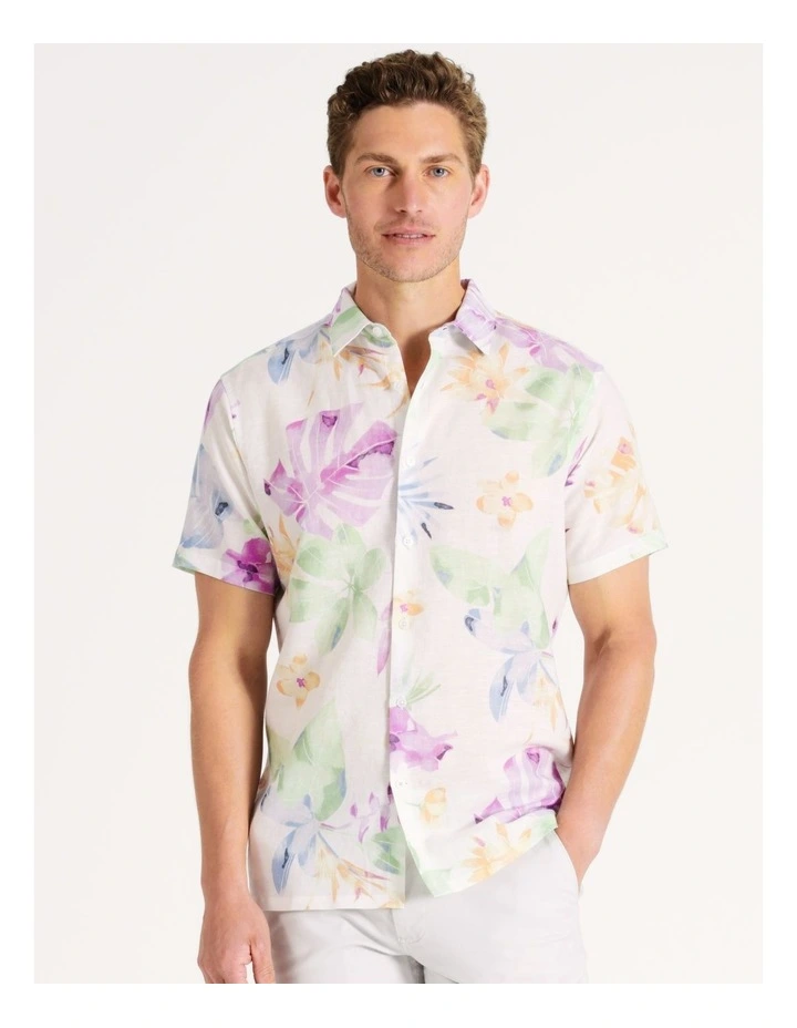 Owen Floral Print Short Sleeve Linen Blend Shirt in White image 3