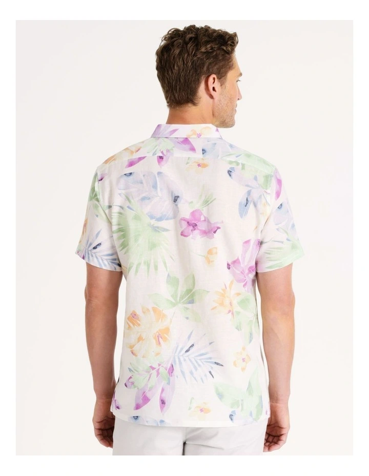 Owen Floral Print Short Sleeve Linen Blend Shirt in White image 5