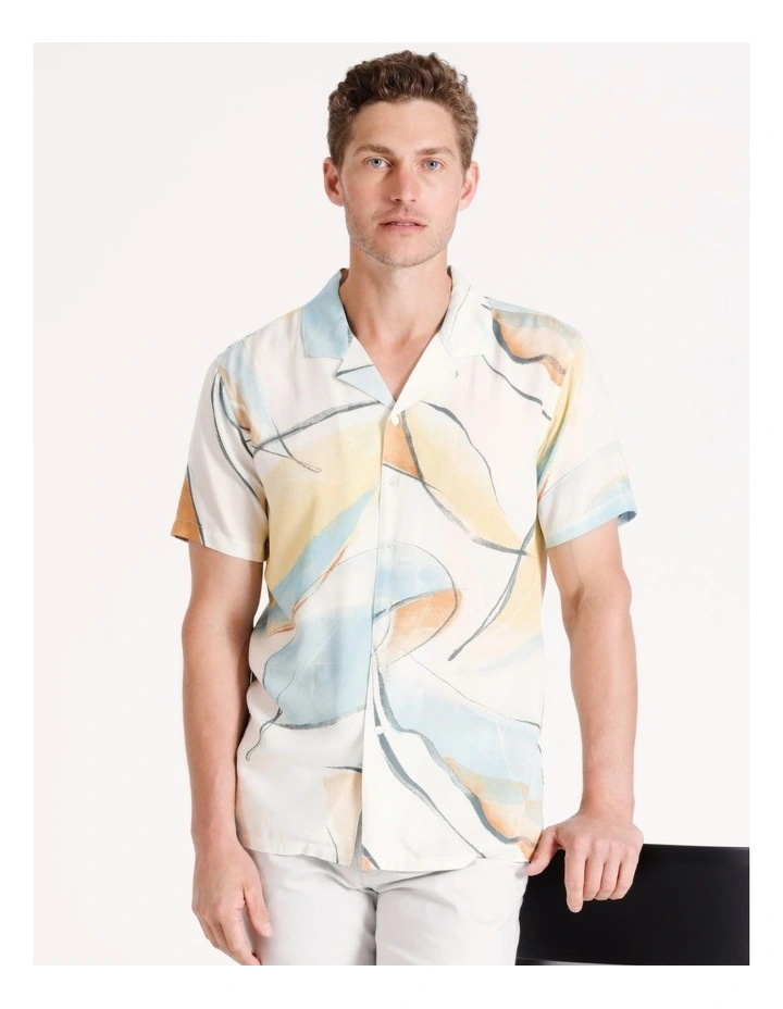 Devon Abstract Print Short Sleeve Viscose Shirt in White image 1
