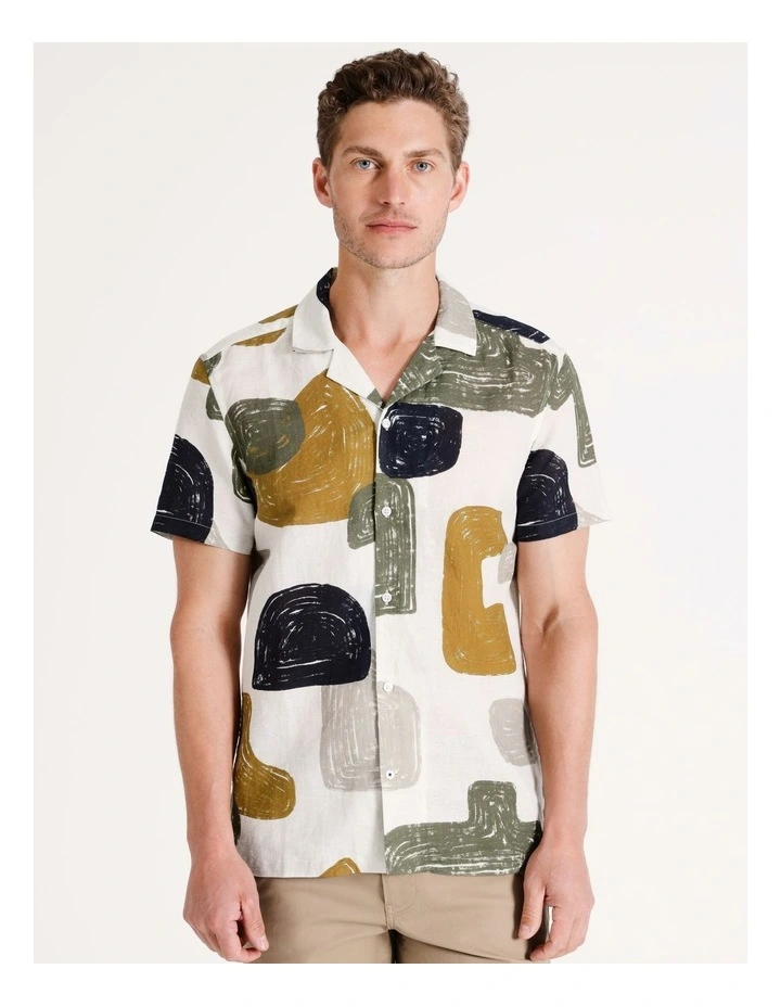 Emilio Abstract Print Short Sleeve Linen Blend Shirt in White image 2
