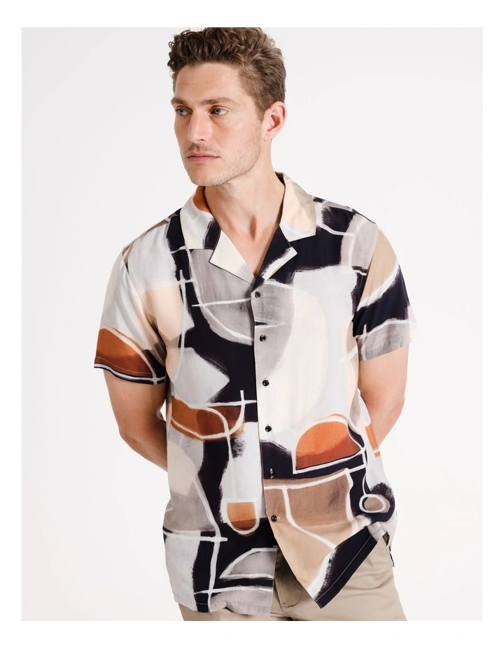 Dacre Abstract Print Short Sleeve Viscose Shirt in Beige image 4