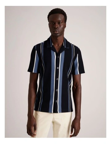 Liam Ribbed Stripe Resort Collar Short Sleeve Shirt in Navy