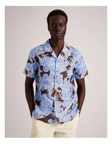 Ollie Floral Print Short Sleeve Linen Blend Shirt in Brown