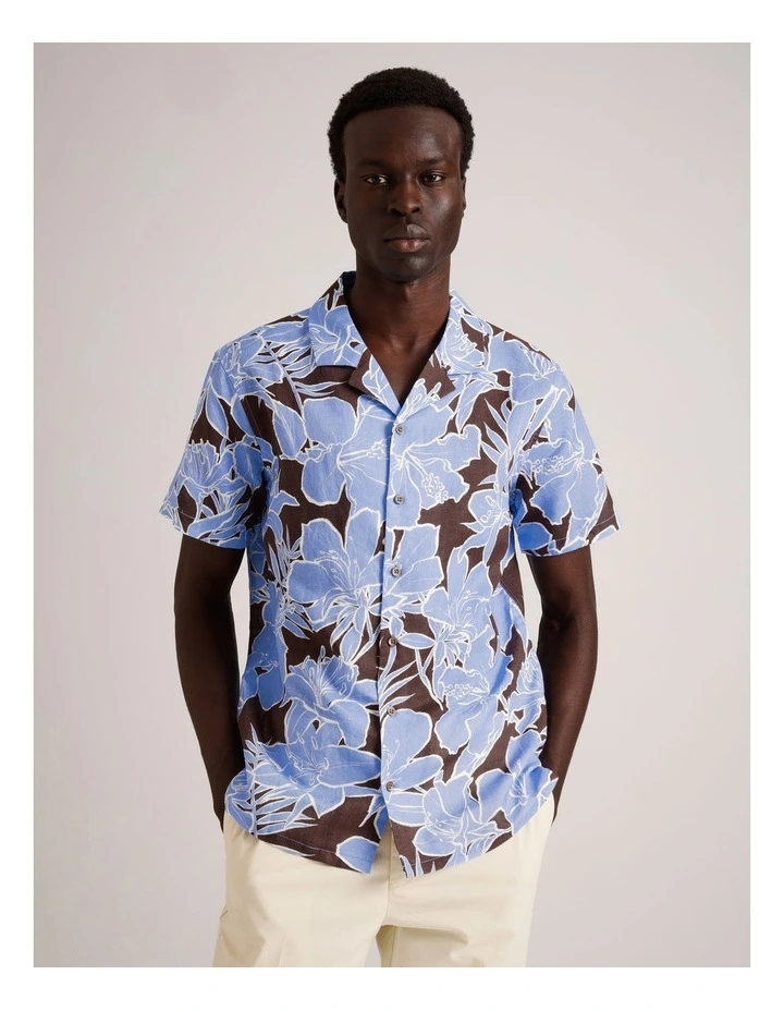 Ollie Floral Print Short Sleeve Linen Blend Shirt in Brown image 1