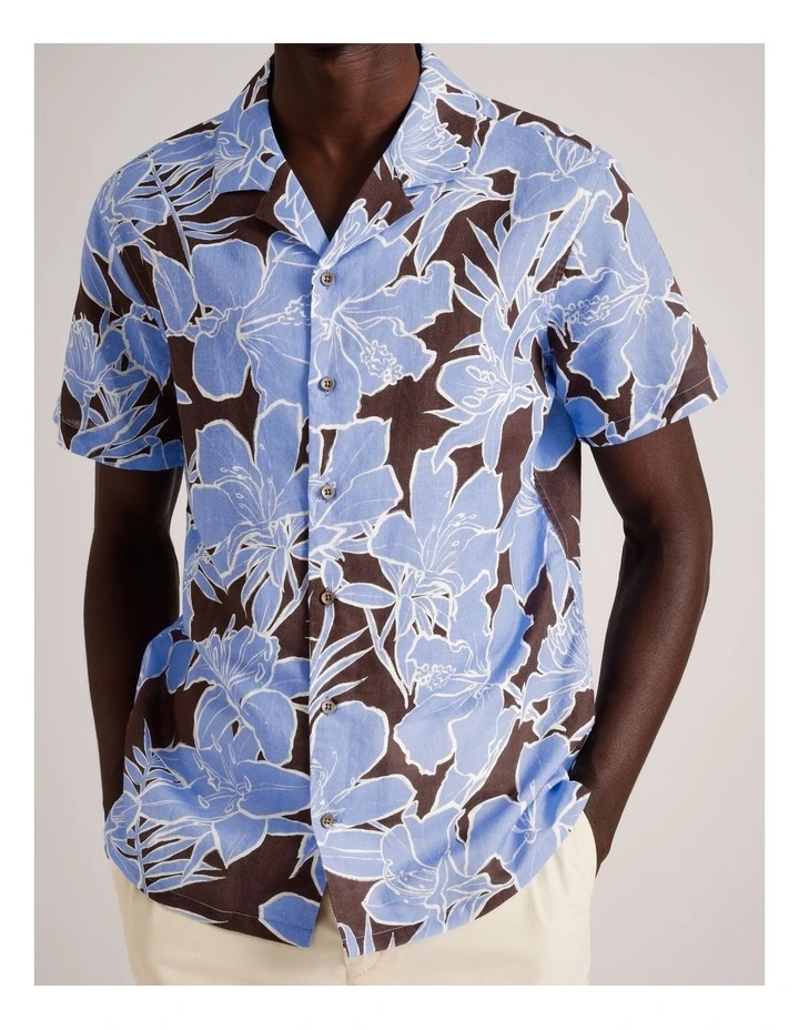 Ollie Floral Print Short Sleeve Linen Blend Shirt in Brown image 3