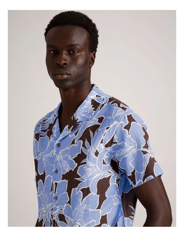 Ollie Floral Print Short Sleeve Linen Blend Shirt in Brown image 4