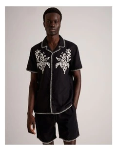 Gabriel Embriodered Short Sleeve Linen Blend Shirt in Black